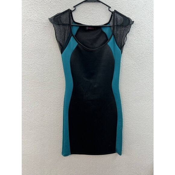 Womens Annabelle Dress Size Small Black and Teal Short Mesh Sleeve - Picture 1 of 12